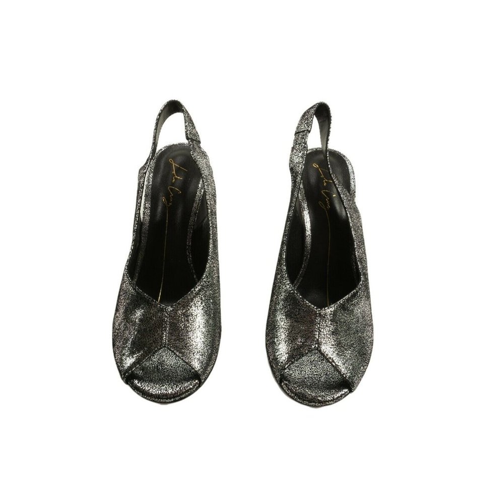 New 249$ Lola Cruz Womens Size 38 Silver Leather Stack Round Block Strap Sandals